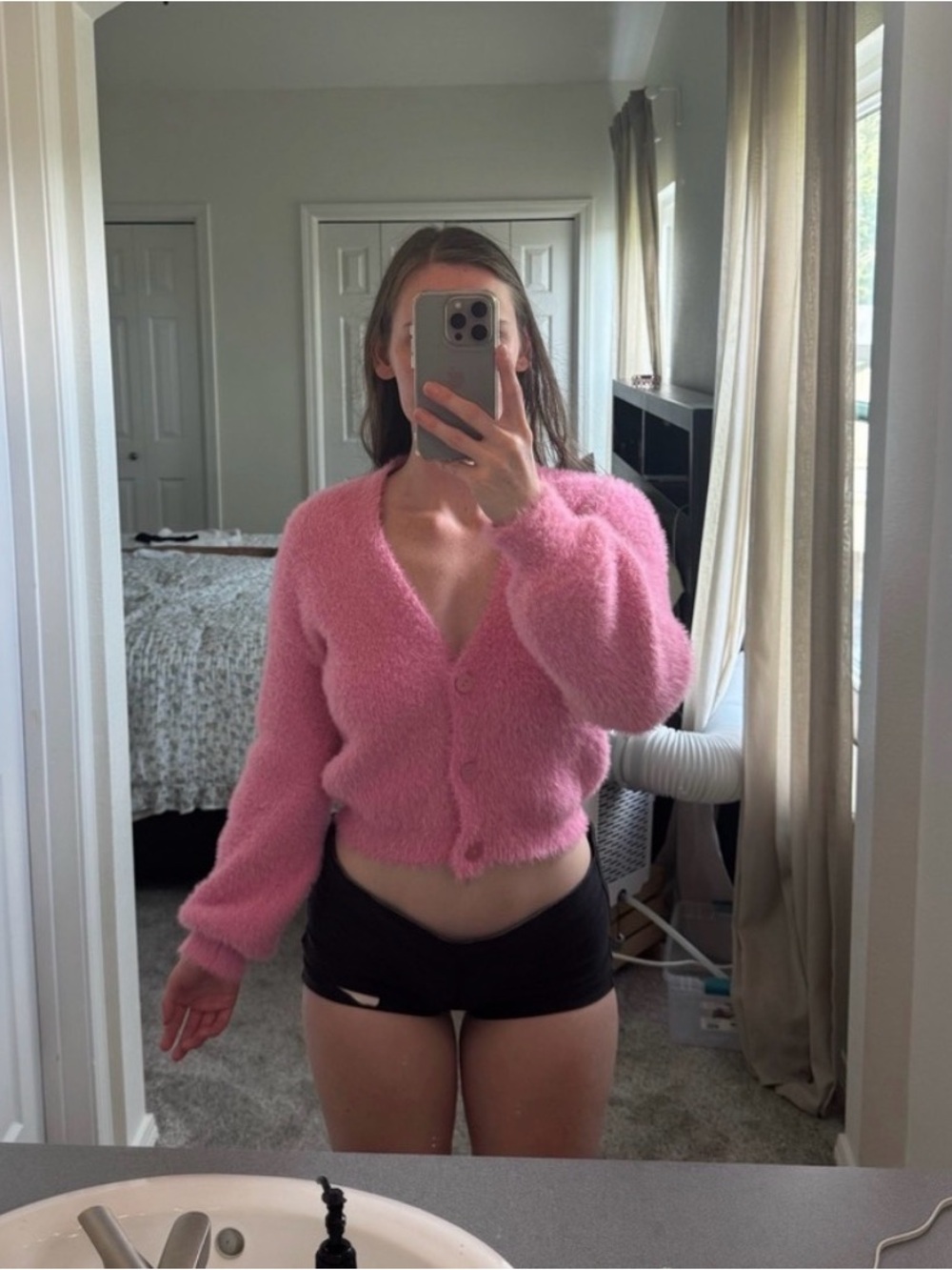 Pink Fuzzy Button-Front Cropped Women's Cardigan